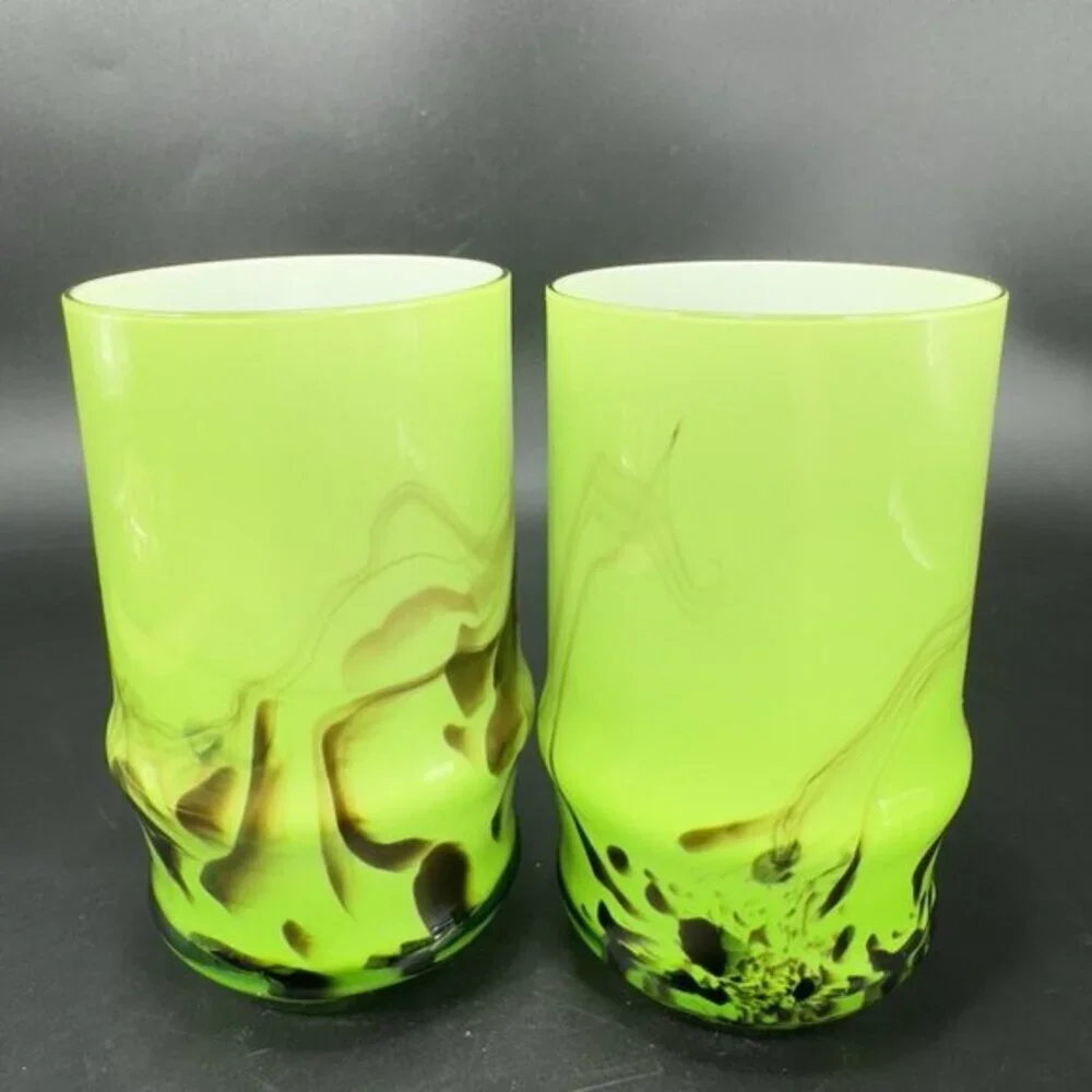 Vintage Bohemian Tumbler Glasses Set 2 Cases Green Black Swirls Glasses Cups VTG